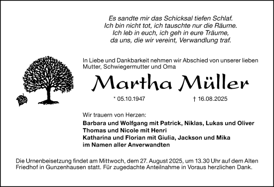 Traueranzeige von Martha Müller von Altmühl-Bote Lokal