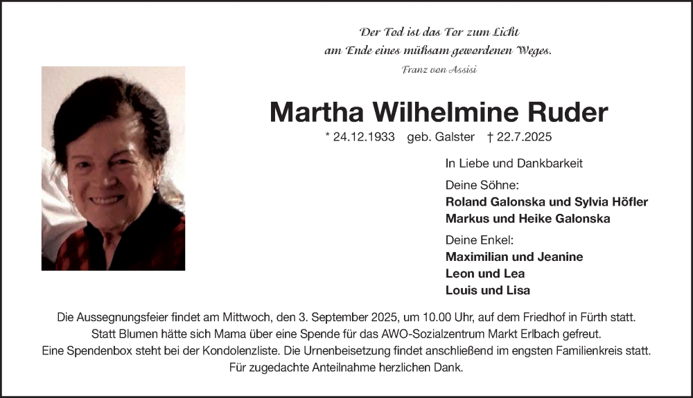  Traueranzeige für Martha Wilhelmine Ruder vom 30.08.2025 aus Gesamtausgabe Nürnberger Nachrichten/ Nürnberger Ztg.