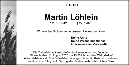 Traueranzeige von Martin Löhlein von Schwabacher Tagblatt Lokal