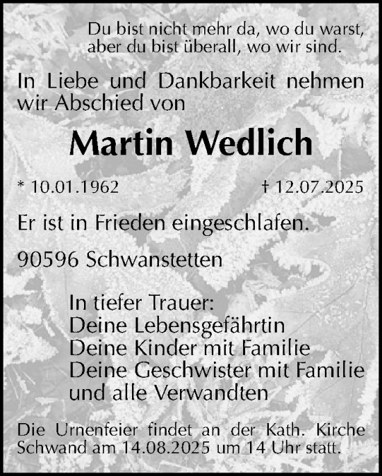 Traueranzeige von Martin Wedlich von Roth-Hilpoltsteiner Volkszeitung/ Schwabach