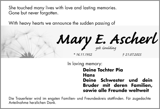 Traueranzeige von Mary E. Ascherl von Fürther Nachrichten Lokal