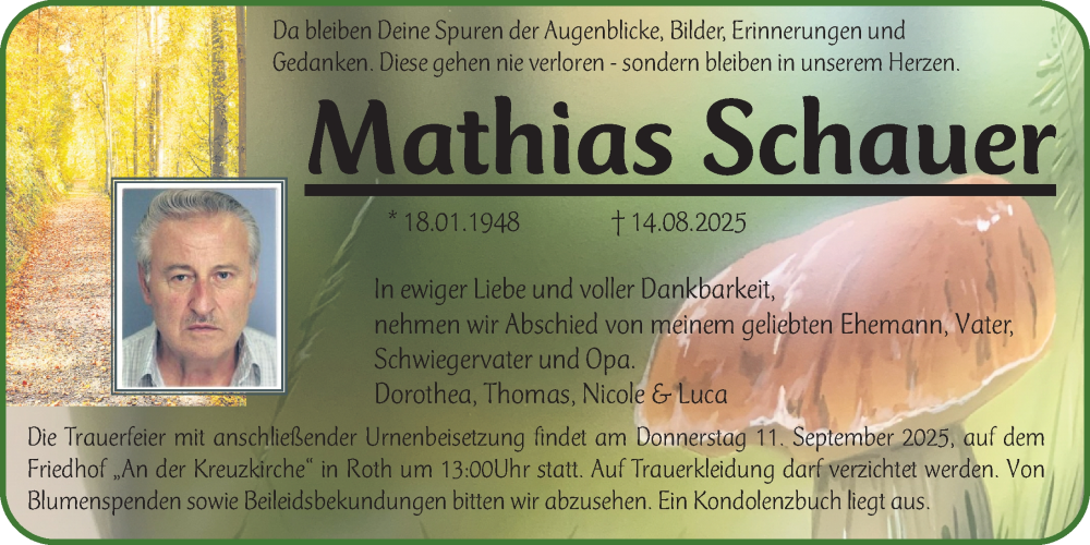  Traueranzeige für Mathias Schauer vom 30.08.2025 aus Roth-Hilpoltsteiner Volkszeitung Lokal