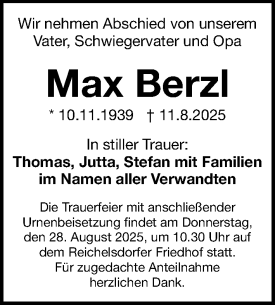 Traueranzeige von Max Berzl von Gesamtausgabe Nürnberger Nachrichten/ Nürnberger Ztg.