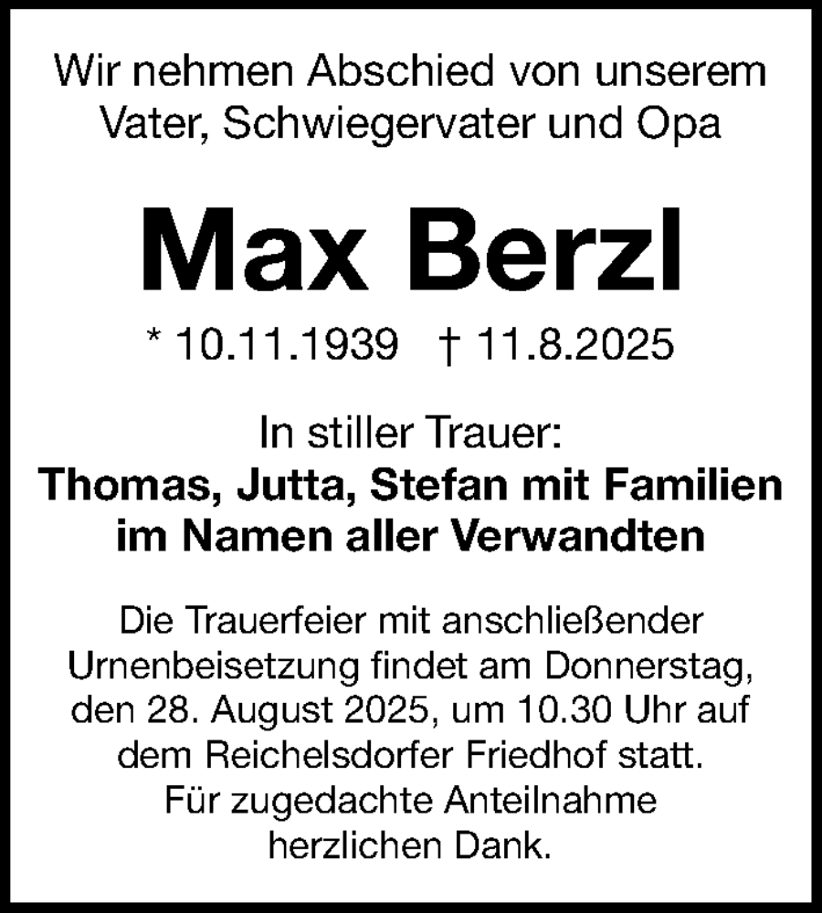  Traueranzeige für Max Berzl vom 23.08.2025 aus Gesamtausgabe Nürnberger Nachrichten/ Nürnberger Ztg.