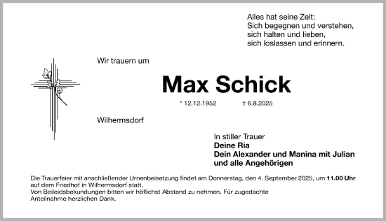 Traueranzeige von Max Schick von Fürther Nachrichten Lokal