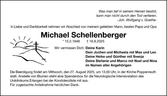 Traueranzeige von Michael Schellenberger von Gesamtausgabe Nürnberger Nachrichten/ Nürnberger Ztg./ Fürther Nachrichten