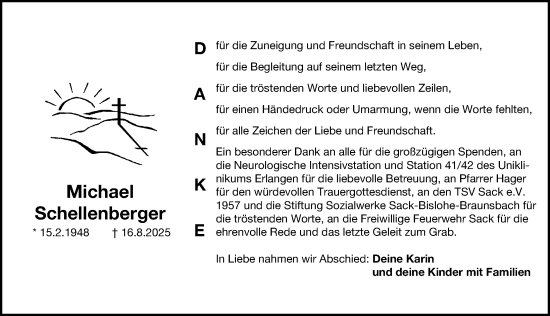 Traueranzeige von Michael Schellenberger von Gesamtausgabe Nürnberger Nachrichten/ Nürnberger Ztg./ Fürther Nachrichten