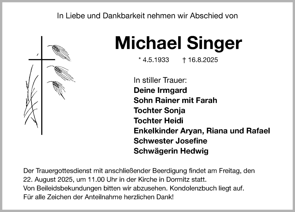  Traueranzeige für Michael Singer vom 20.08.2025 aus Erlanger Nachrichten Lokal