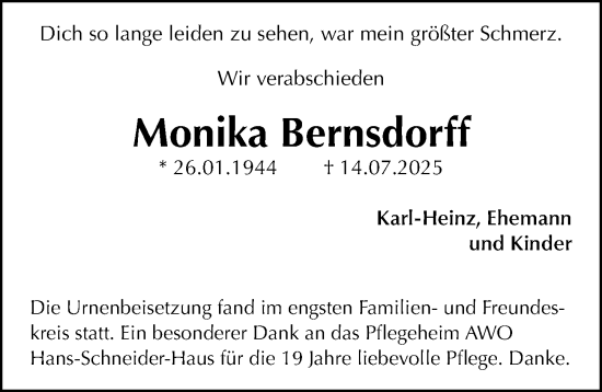 Traueranzeige von Monika Bernsdorff von Gesamtausgabe Nürnberger Nachrichten/ Nürnberger Ztg.