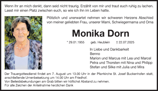 Traueranzeige von Monika Dorn von Nordbayerische Nachrichten Forchheim Lokal