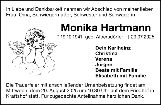 Traueranzeige von Monika Hartmann von Gesamtausgabe Nürnberger Nachrichten/ Nürnberger Ztg.
