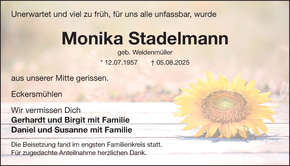  Traueranzeige für Monika Stadelmann vom 23.08.2025 aus Roth-Hilpoltsteiner Volkszeitung Lokal