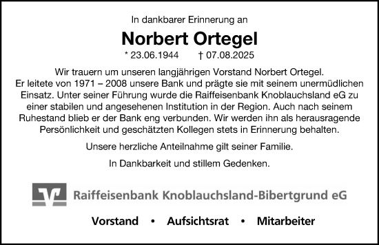 Traueranzeige von Norbert Ortegel von Gesamtausgabe Nürnberger Nachrichten/ Nürnberger Ztg.