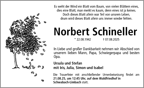 Traueranzeige von Norbert Schineller von Schwabacher Tagblatt Lokal