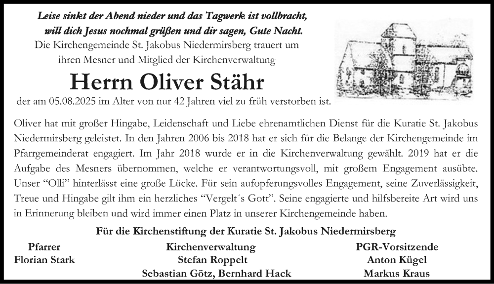  Traueranzeige für Oliver Stähr vom 20.08.2025 aus Nordbayerische Nachrichten Forchheim Lokal