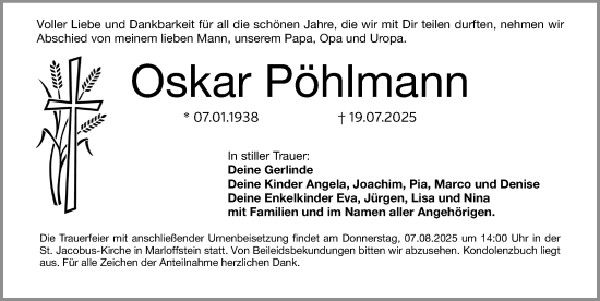 Traueranzeige von Oskar Pöhlmann von Nordbayerische Nachrichten Forchheim Lokal