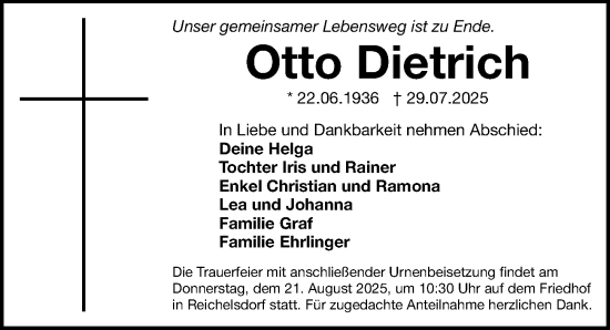 Traueranzeige von Otto Dietrich von Gesamtausgabe Nürnberger Nachrichten/ Nürnberger Ztg.