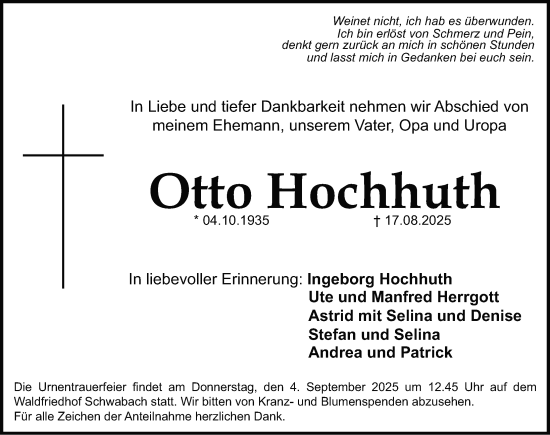 Traueranzeige von Otto Hochhuth von Schwabacher Tagblatt Lokal