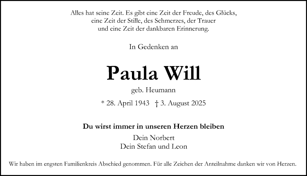  Traueranzeige für Paula Will vom 30.08.2025 aus Erlanger Nachrichten Lokal