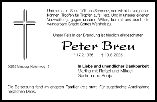Traueranzeige von Peter Breu von Gesamtausgabe Nürnberger Nachrichten/ Nürnberger Ztg.