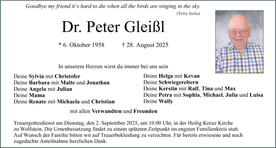 Traueranzeige von Peter Gleißl von Neumarkter Nachrichten Lokal