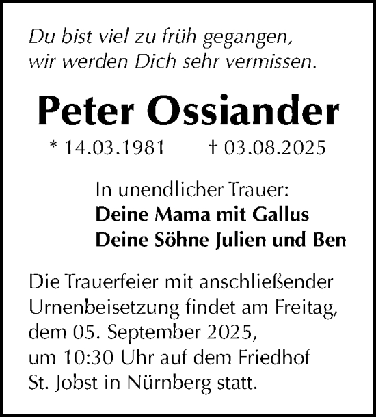 Traueranzeige von Peter Ossiander von Gesamtausgabe Nürnberger Nachrichten/ Nürnberger Ztg.