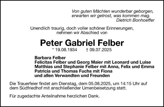 Traueranzeige von Peter Gabriel Felber von Gesamtausgabe Nürnberger Nachrichten/ Nürnberger Ztg.
