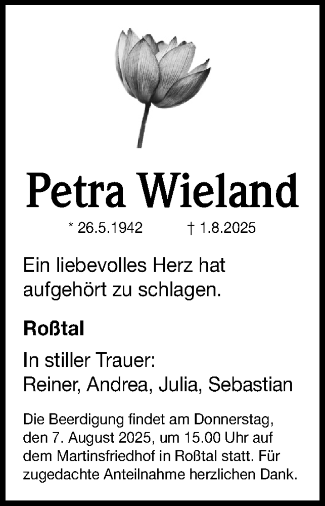  Traueranzeige für Petra Wieland vom 05.08.2025 aus Fürther Nachrichten Lokal