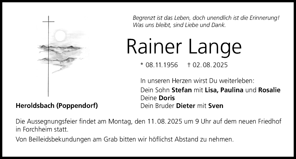  Traueranzeige für Rainer Lange vom 09.08.2025 aus Nordbayerische Nachrichten Forchheim Lokal