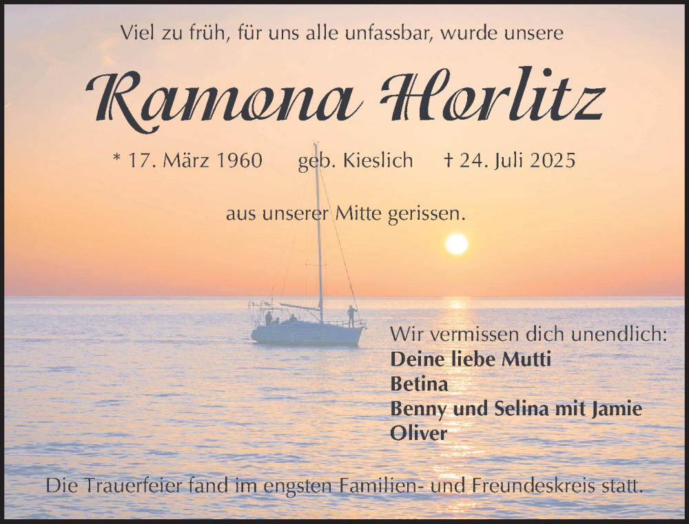  Traueranzeige für Ramona Horlitz vom 30.08.2025 aus Gesamtausgabe Nürnberger Nachrichten/ Nürnberger Ztg.