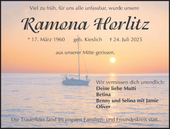 Traueranzeige von Ramona Horlitz von Gesamtausgabe Nürnberger Nachrichten/ Nürnberger Ztg.