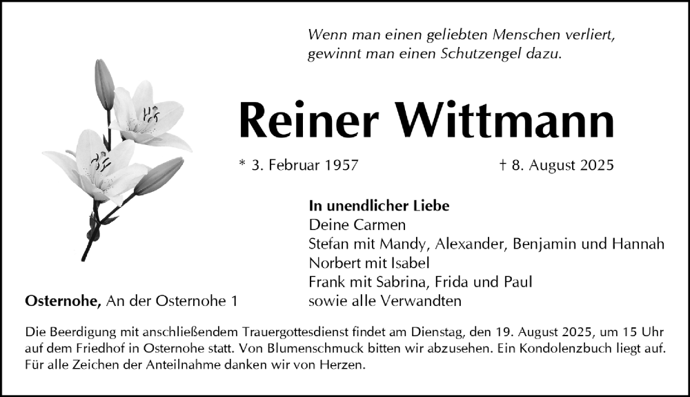  Traueranzeige für Reiner Wittmann vom 16.08.2025 aus Nordbayerische Nachrichten Forchheim Lokal