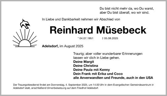 Traueranzeige von Reinhard Müsebeck von Nordbayerische Nachrichten Herzogenaurach Lokal