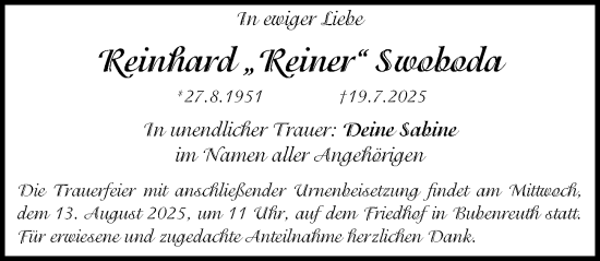 Traueranzeige von Reinhard Swoboda von Erlanger Nachrichten Lokal