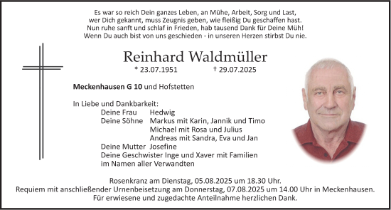 Traueranzeige von Reinhard Waldmüller von Roth-Hilpoltsteiner Volkszeitung Lokal