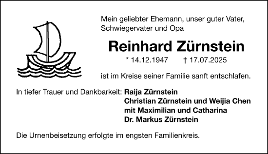 Traueranzeige von Reinhard Zürnstein von Gesamtausgabe Nürnberger Nachrichten/ Nürnberger Ztg.