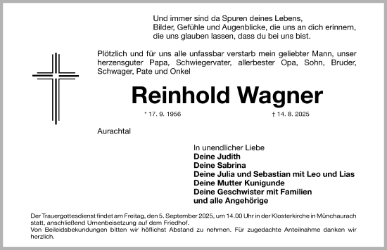 Traueranzeige von Reinhold Wagner von Nordbayerische Nachrichten Herzogenaurach Lokal