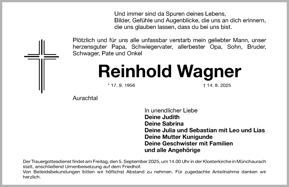  Traueranzeige für Reinhold Wagner vom 29.08.2025 aus Nordbayerische Nachrichten Herzogenaurach Lokal