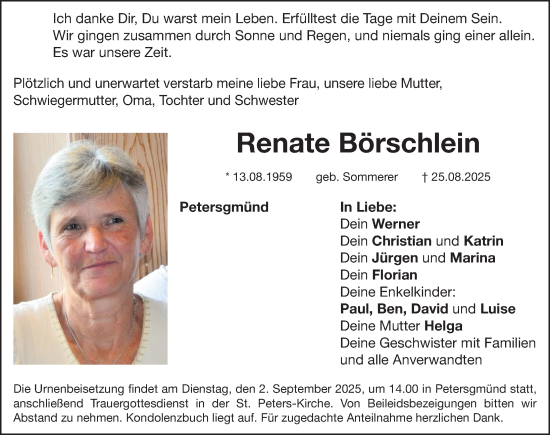 Traueranzeige von Renate Börschlein von Roth-Hilpoltsteiner Volkszeitung Lokal