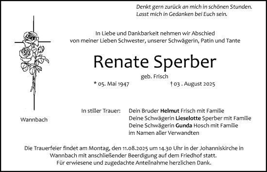 Traueranzeige von Renate Sperber von Nordbayerische Nachrichten Forchheim Lokal