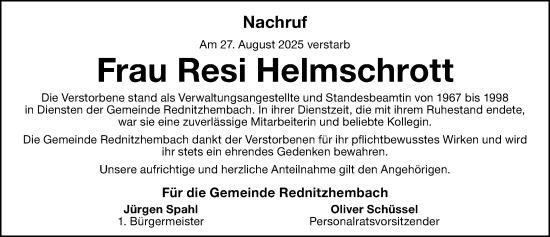 Traueranzeige von Resi Helmschrott von Schwabacher Tagblatt Lokal