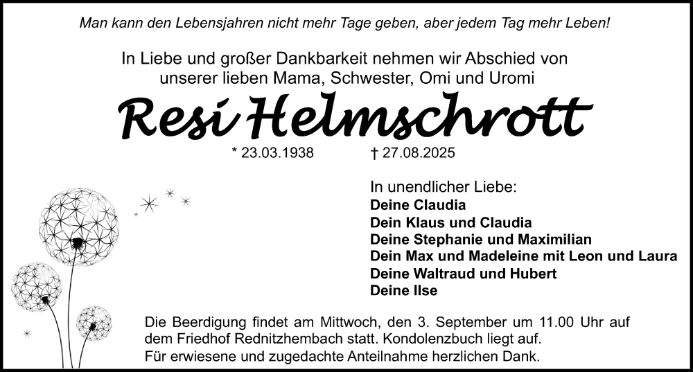  Traueranzeige für Resi Helmschwott vom 30.08.2025 aus Schwabacher Tagblatt Lokal