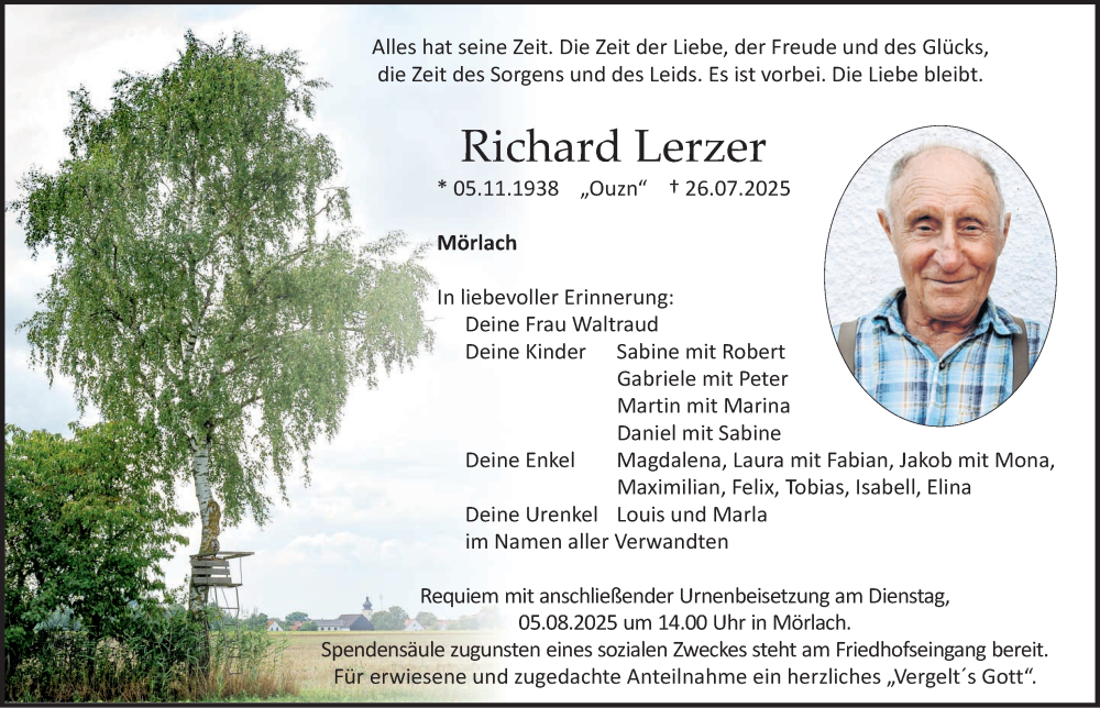  Traueranzeige für Richard Lerzer vom 02.08.2025 aus Roth-Hilpoltsteiner Volkszeitung Lokal