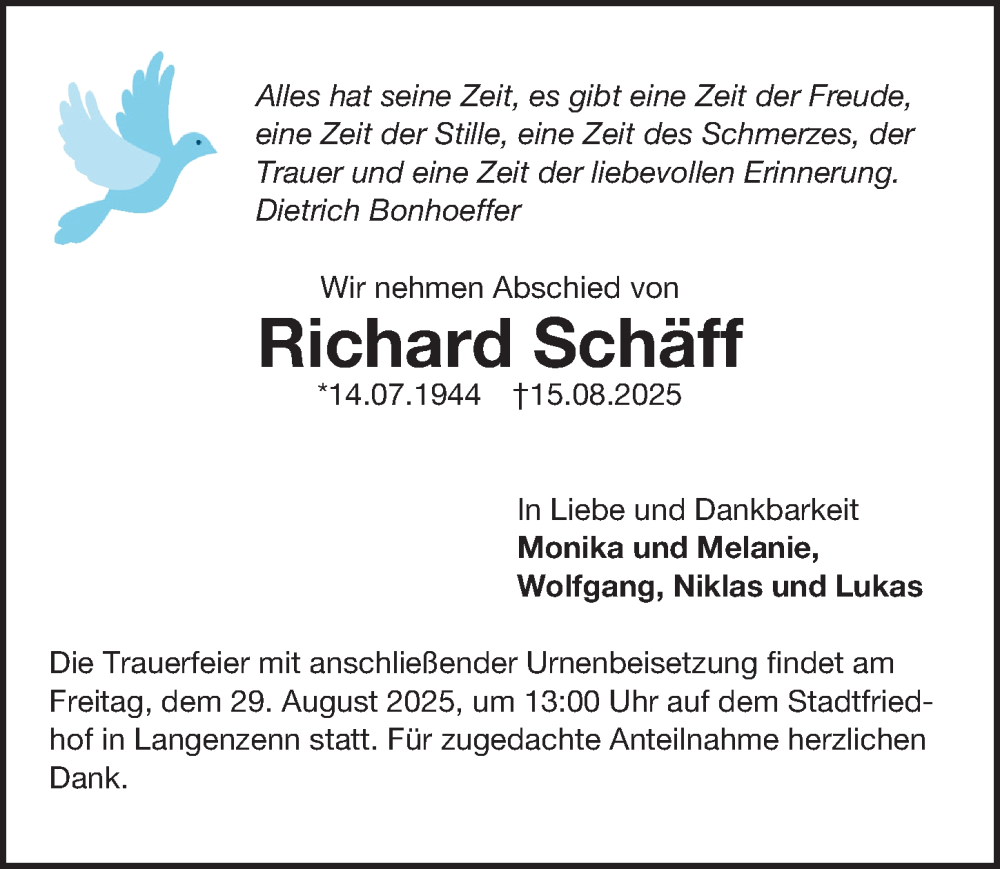  Traueranzeige für Richard Schäff vom 23.08.2025 aus Gesamtausgabe Nürnberger Nachrichten/ Nürnberger Ztg.