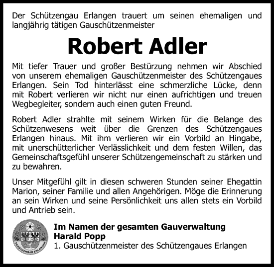 Traueranzeige von Robert Adler von Erlanger Nachrichten Lokal