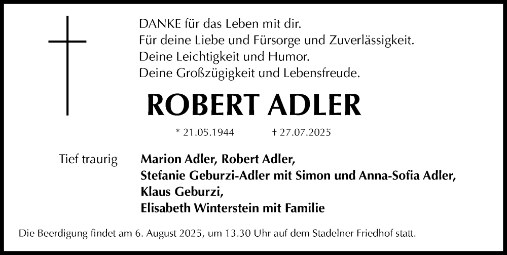  Traueranzeige für Robert Adler vom 02.08.2025 aus Fürther Nachrichten Lokal
