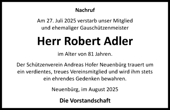 Traueranzeige von Robert Adler von Nordbayerische Nachrichten Herzogenaurach Lokal