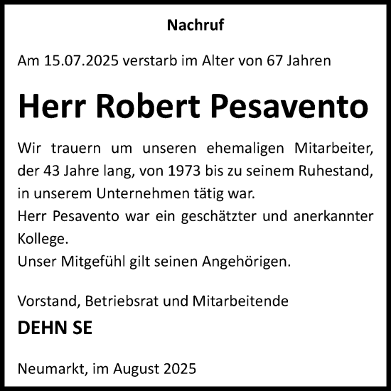 Traueranzeige von Robert Pesavento von Neumarkter Nachrichten Lokal