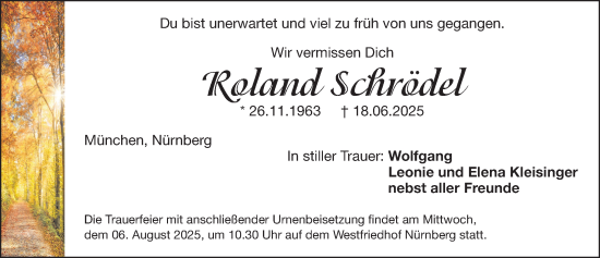 Traueranzeige von Roland Schrödel von Gesamtausgabe Nürnberger Nachrichten/ Nürnberger Ztg.