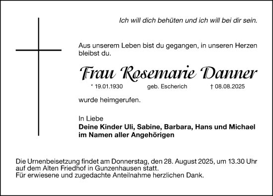 Traueranzeige von Rosemarie Danner von Altmühl-Bote Lokal
